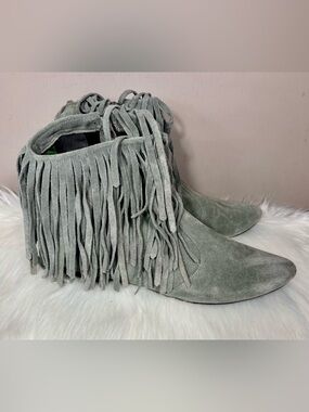 SAM EDELMAN Grey Suede Fringe Ankle Boots